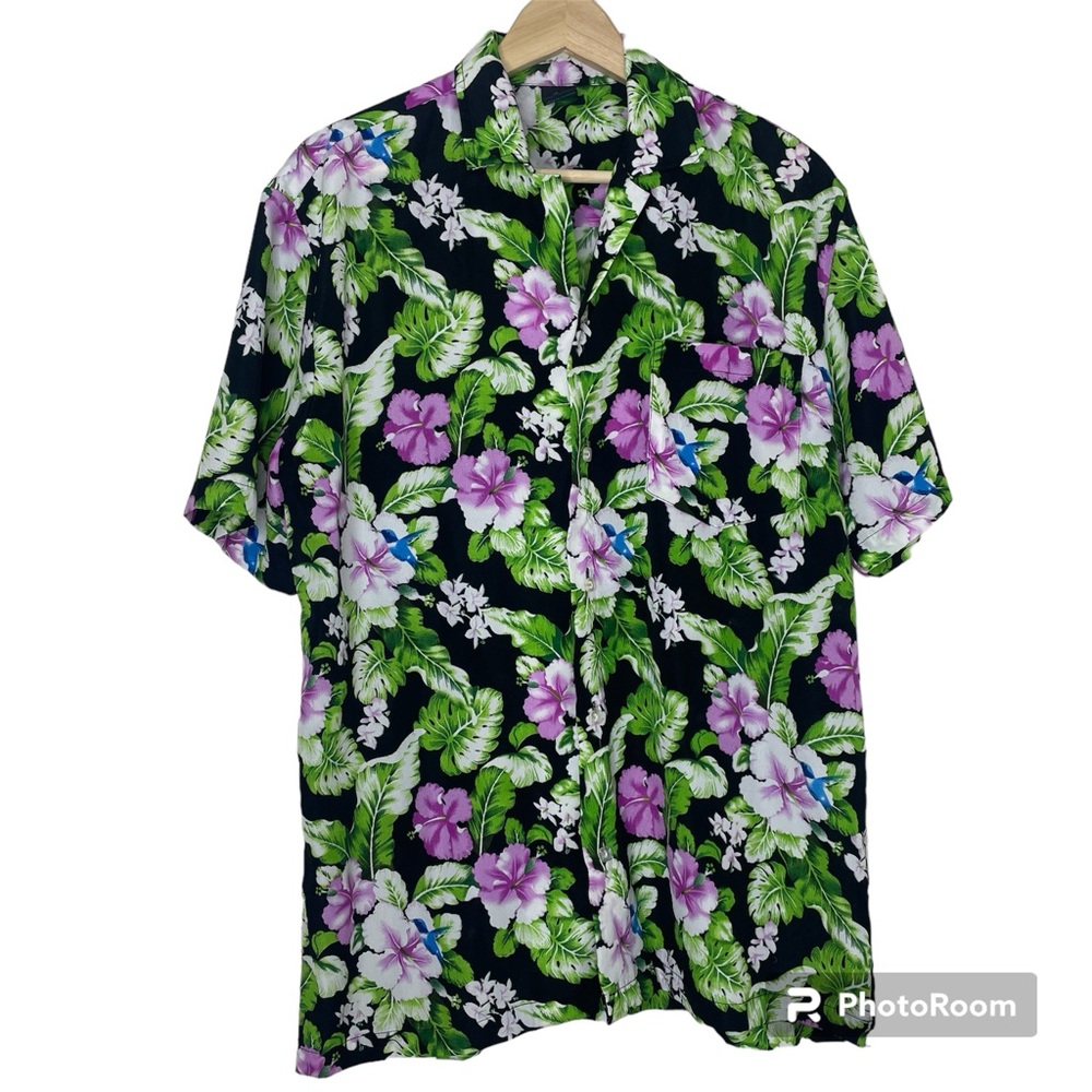 FC Hawaiian Tropical Button Up Shirt M Black Purple Green White Blue Mens